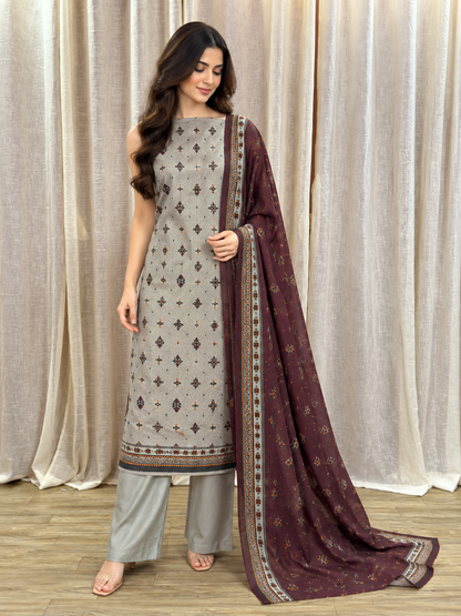 Original Bin Saeed Stone Grey Floral Print Unstitched Lawn Suit