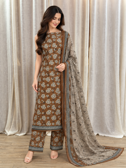 Original Bin Saeed Caramel Brown Floral Print Unstitched Lawn Suit