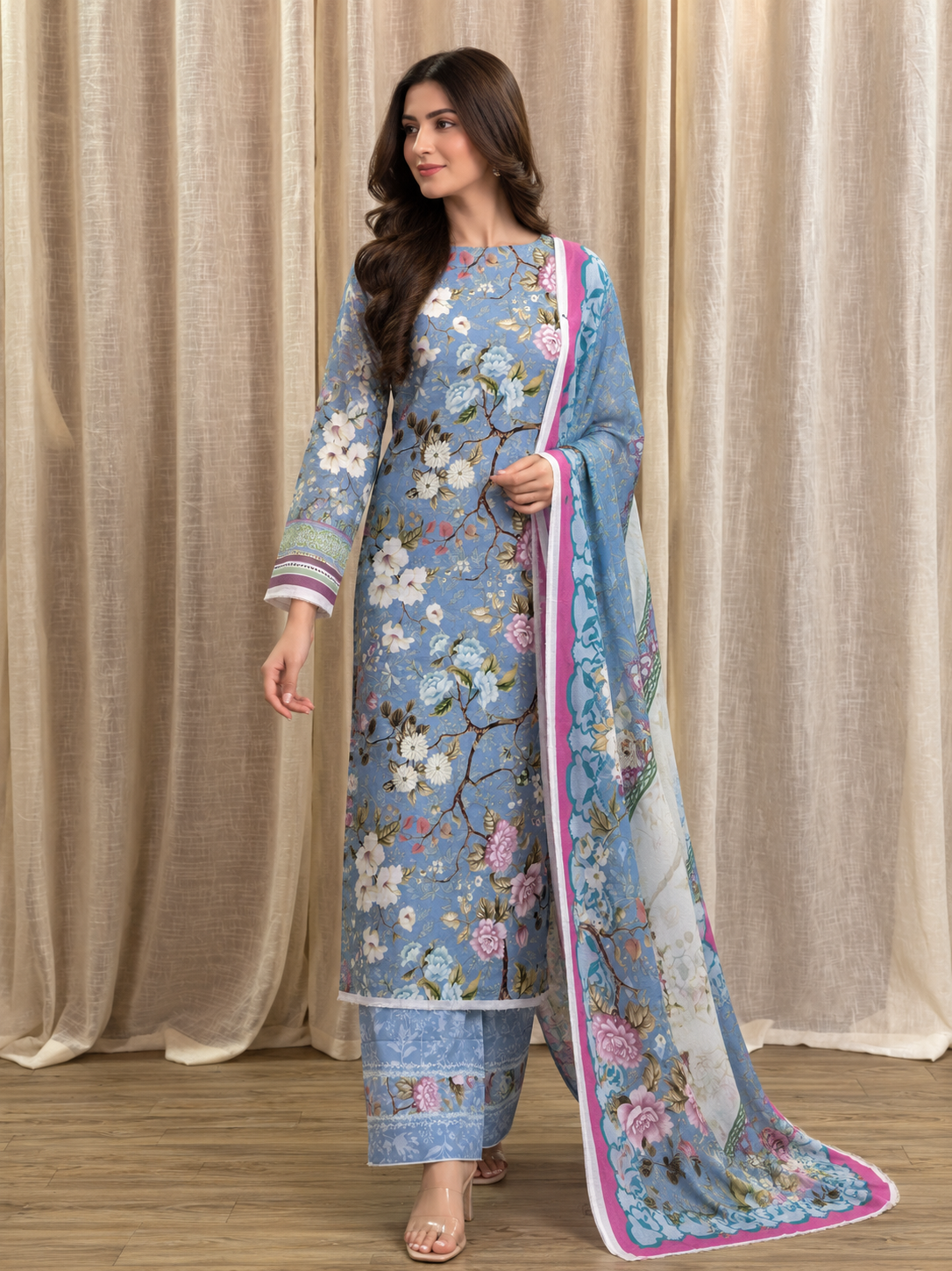 Original Elaf Soft Blue Floral Print Unstitched Lawn Suit