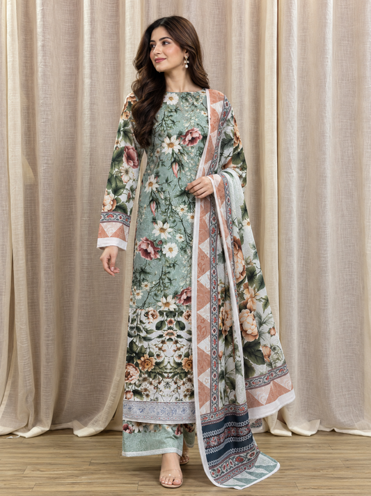 Original Elaf Forest Green Floral Print Unstitched Lawn Suit