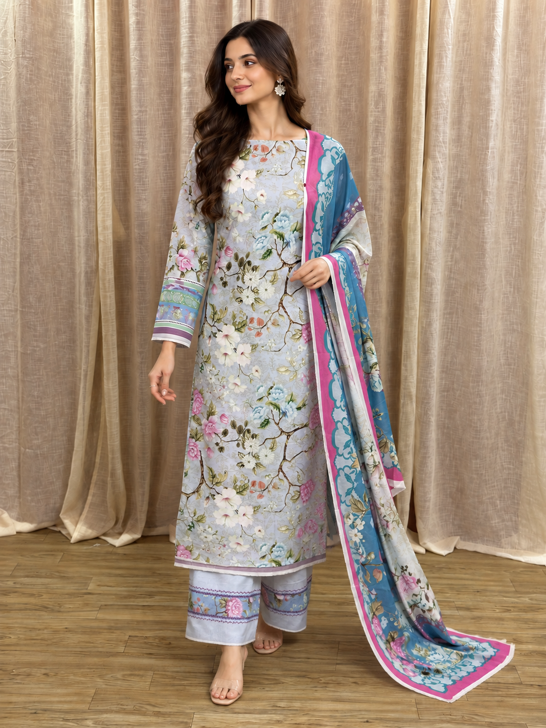 Original Elaf Lavender Blue Floral Print Unstitched Lawn Suit