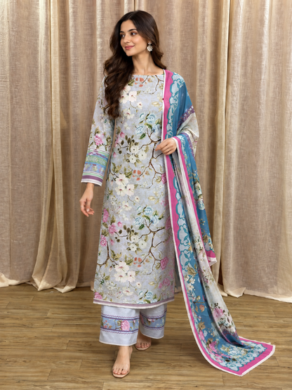 Original Elaf Lavender Blue Floral Print Unstitched Lawn Suit