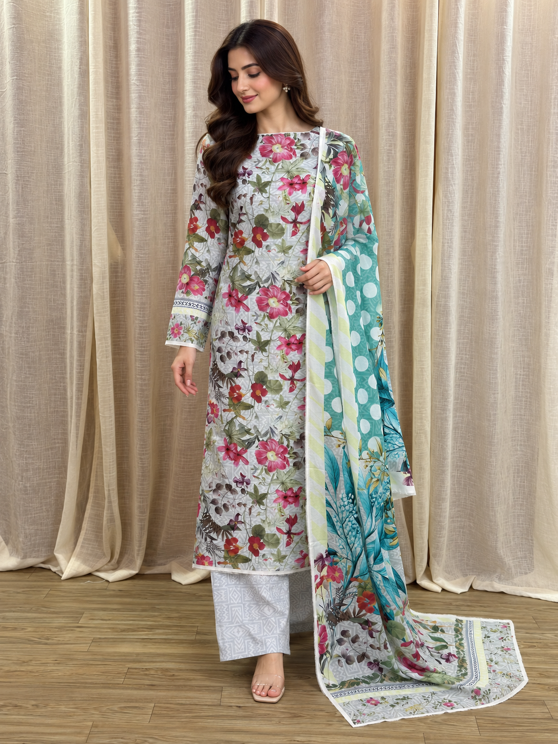 Original Elaf Pale Grey Floral Print Unstitched Lawn Suit
