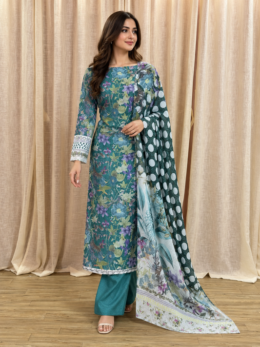 Original Elaf Emerald Green Floral Print Unstitched Lawn Suit