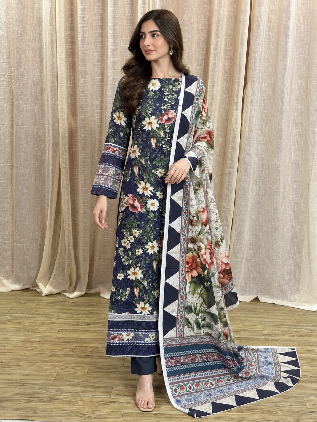 Original Elaf Imperial Indigo Floral Print Unstitched Lawn Suit