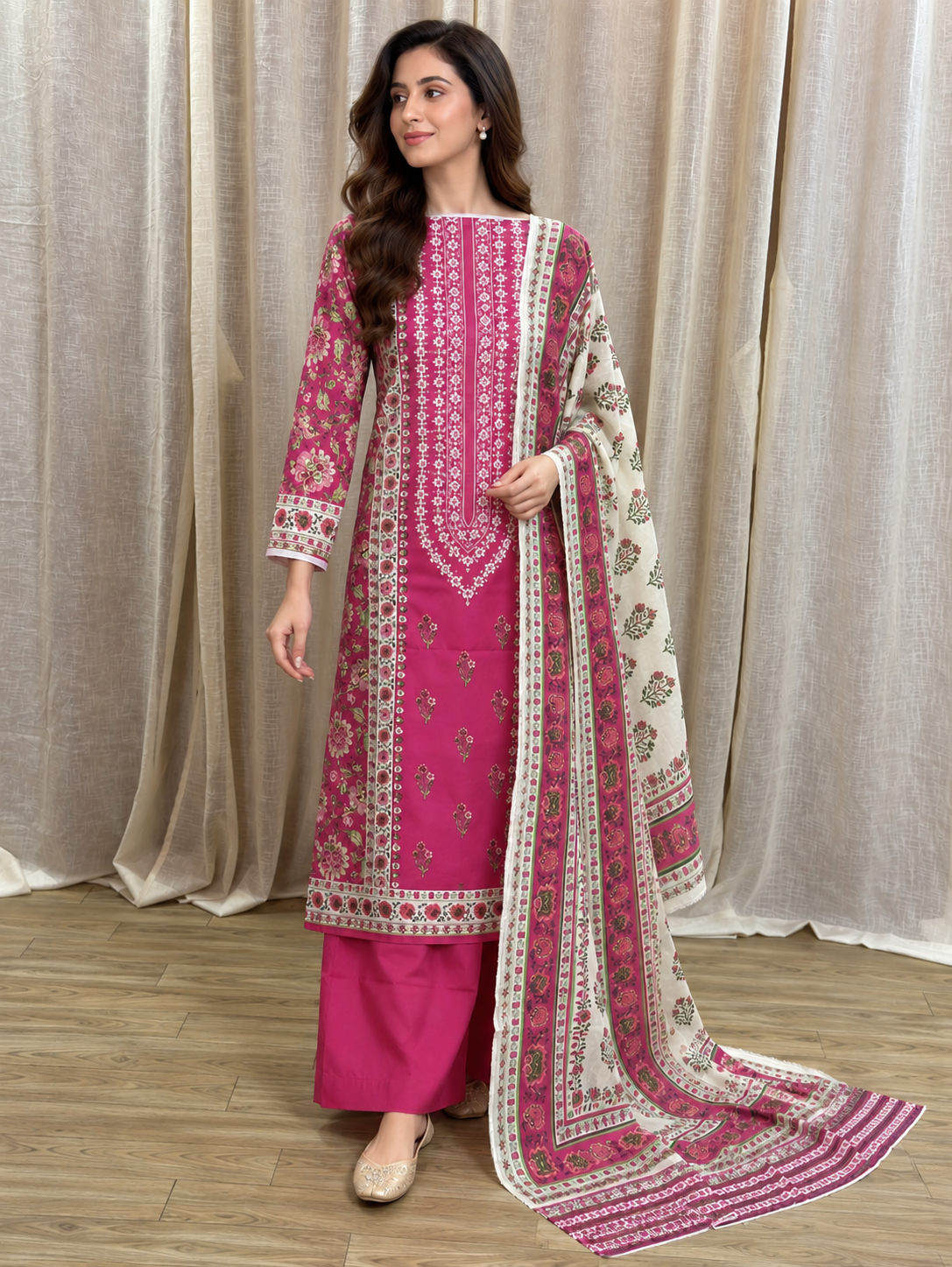 Original Mausammery Fuschia Pink Floral Print Unstitched Lawn Suit