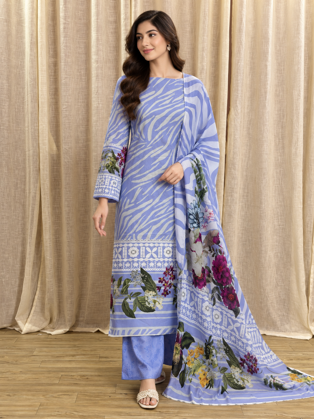 Original Elaf Lavender Zebra Pattern Floral Print Unstitched Lawn Suit