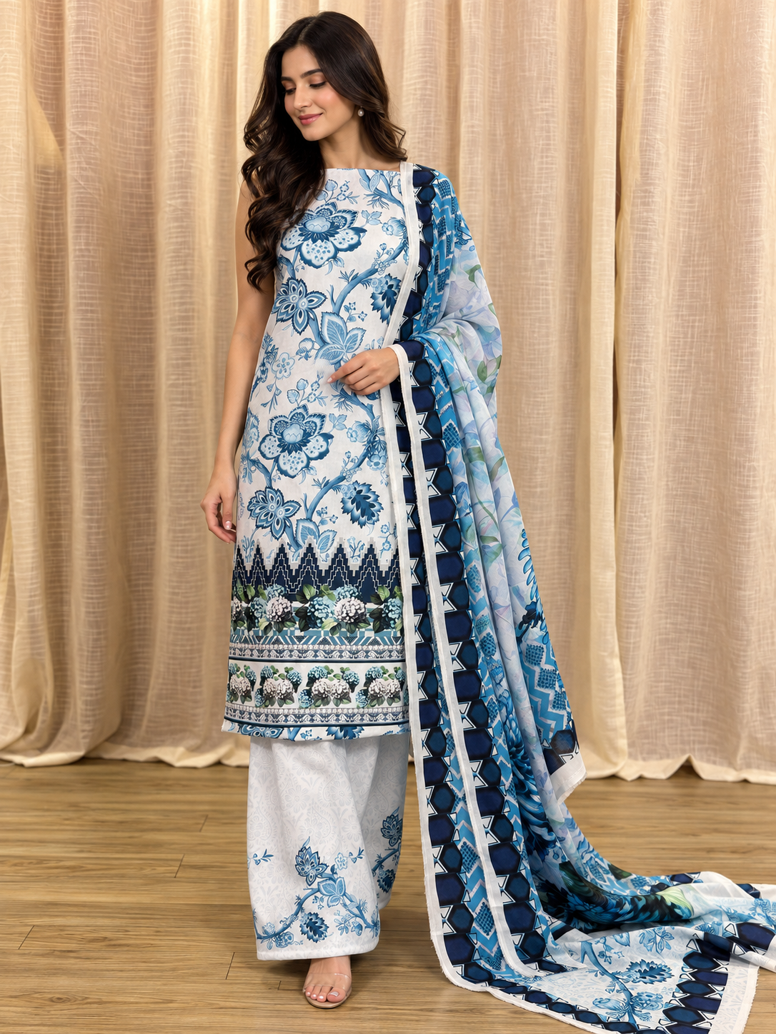 Original Elaf Elegant Blue Floral Print Unstitched Lawn Suit