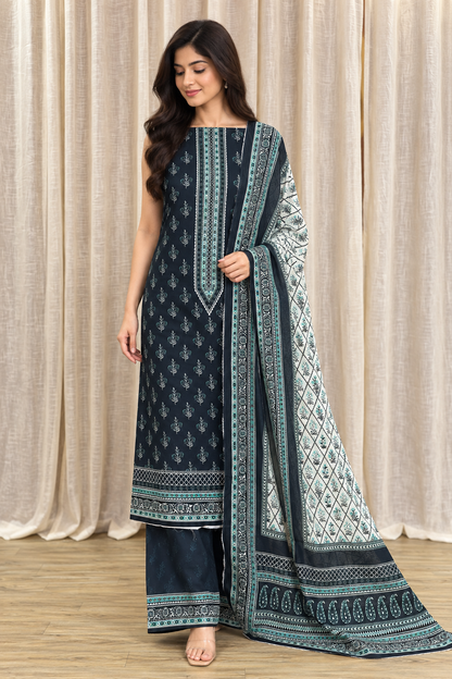 Original Bin Saeed Midnight Green Floral Print Unstitched Lawn Suit