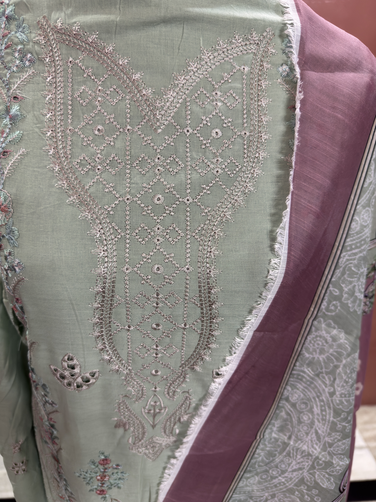 Inspired Ramsha Pista Green Semi-stitched Embroidered Cotton Suit