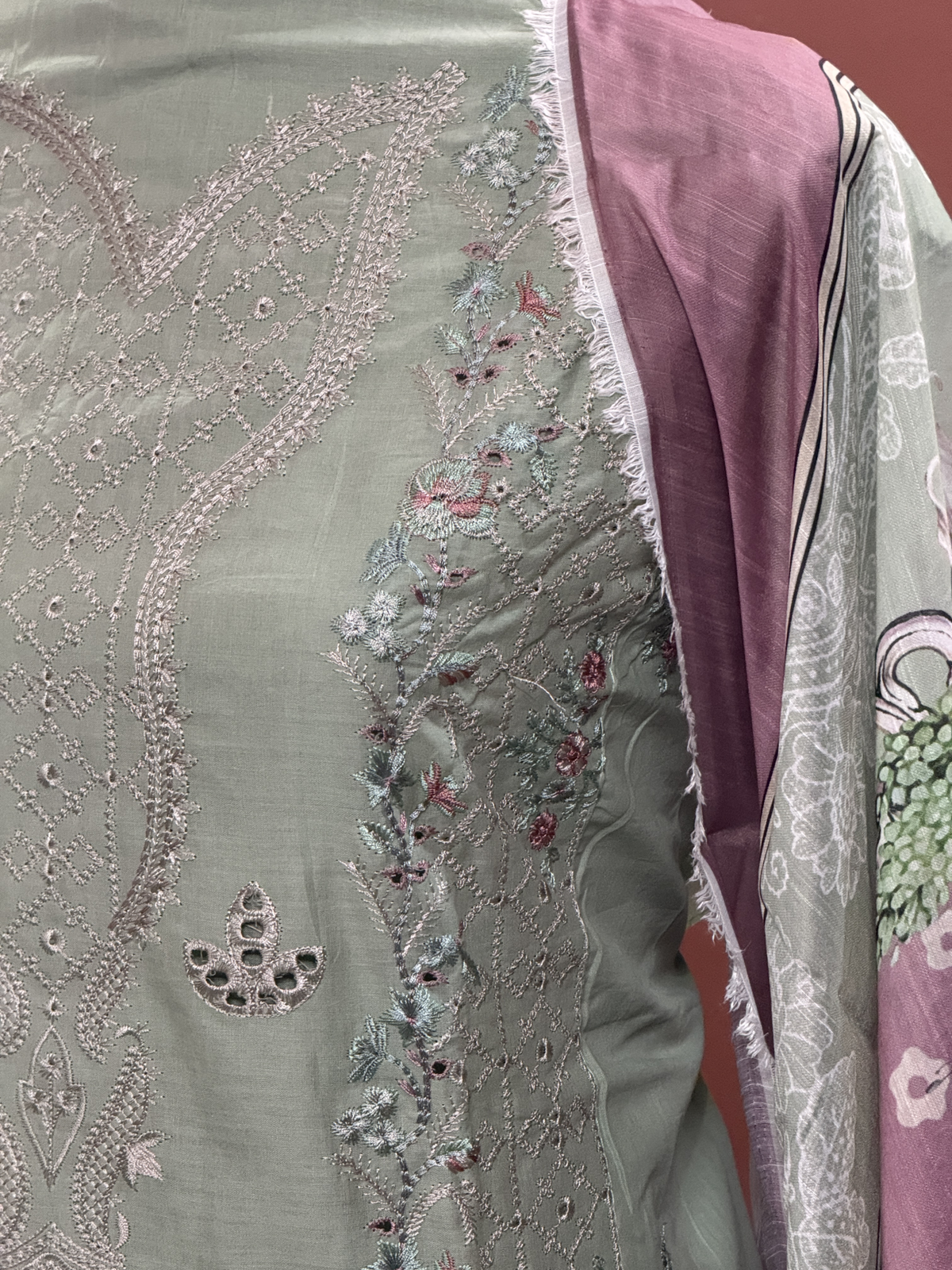 Inspired Ramsha Pista Green Semi-stitched Embroidered Cotton Suit
