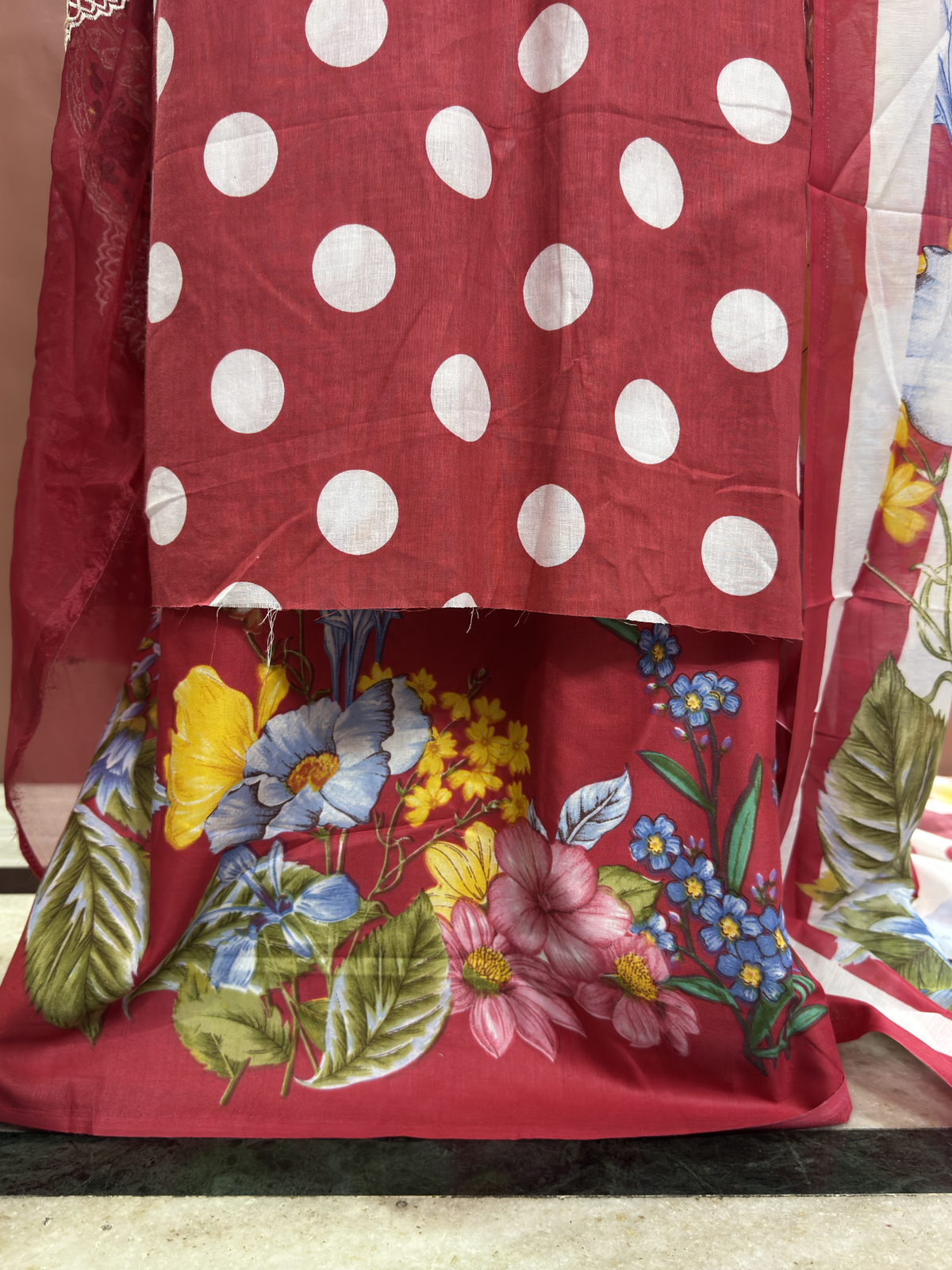 Inspired Maria B Candy Red Unstitched Polka Patch Work Cotton Suit