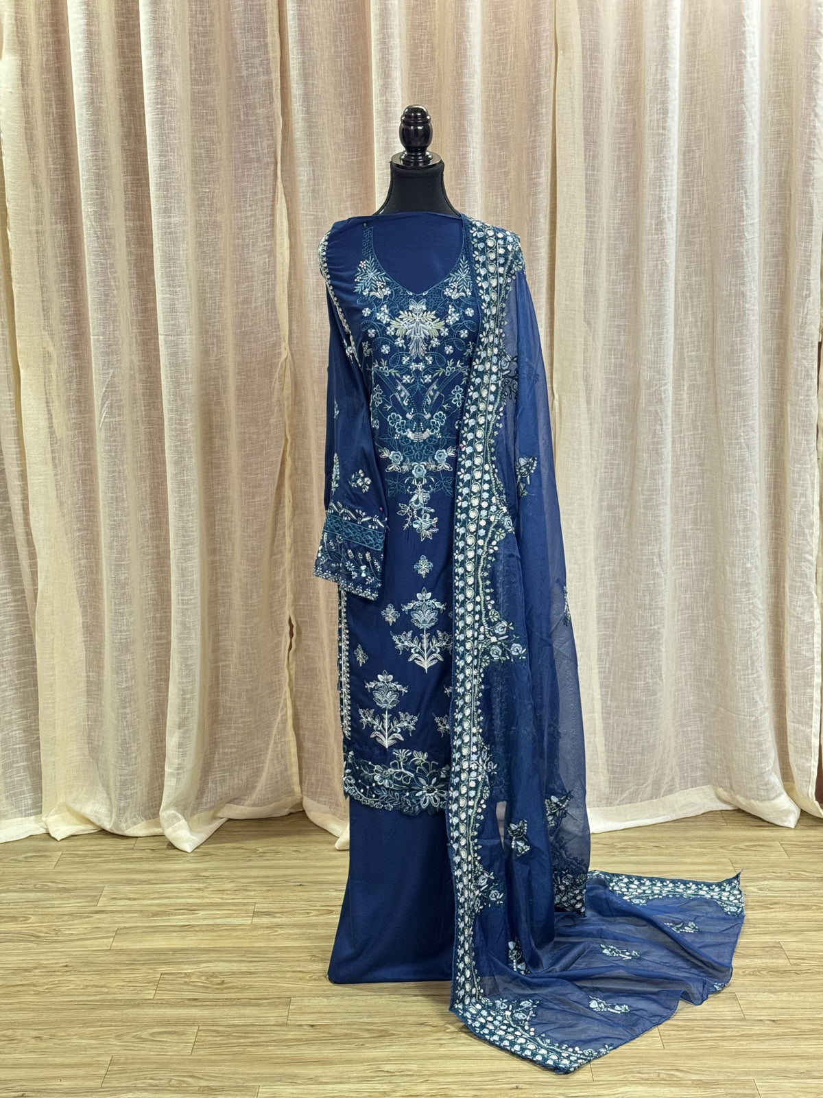 Inspired Kahf Lagoon Blue Semi-stitched Embroidered Cotton Suit
