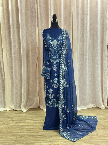 Inspired Kahf Lagoon Blue Semi-stitched Embroidered Cotton Suit