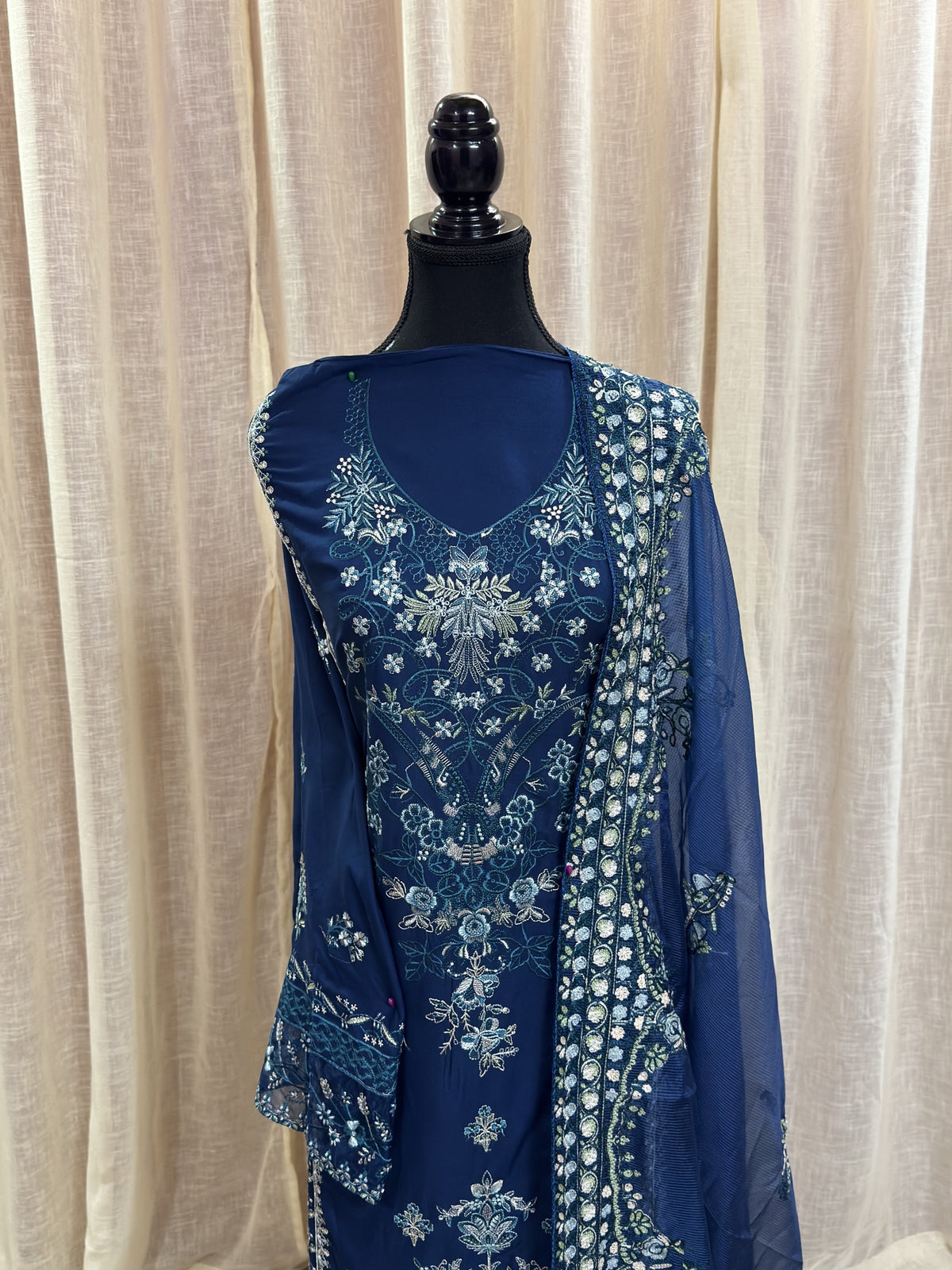 Inspired Kahf Lagoon Blue Semi-stitched Embroidered Cotton Suit