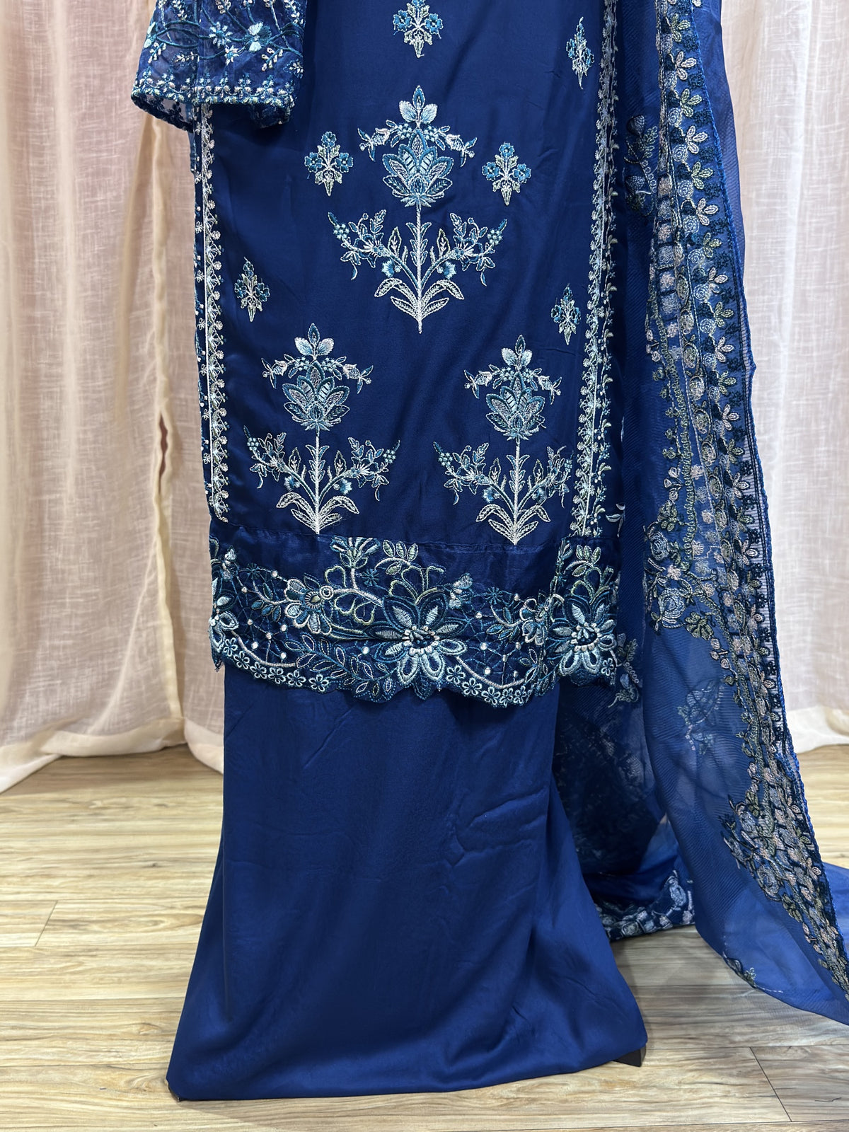 Inspired Kahf Lagoon Blue Semi-stitched Embroidered Cotton Suit