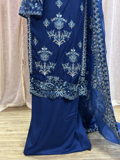 Inspired Kahf Lagoon Blue Semi-stitched Embroidered Cotton Suit
