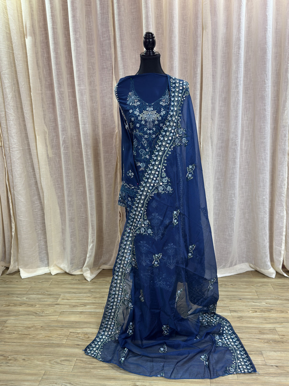 Inspired Kahf Lagoon Blue Semi-stitched Embroidered Cotton Suit