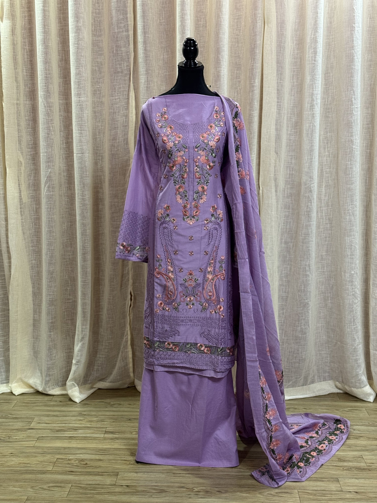 Inspired Elaf Dusty Lavender Semi-stitched Embroidered Cotton Suit
