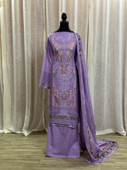 Inspired Elaf Dusty Lavender Semi-stitched Embroidered Cotton Suit