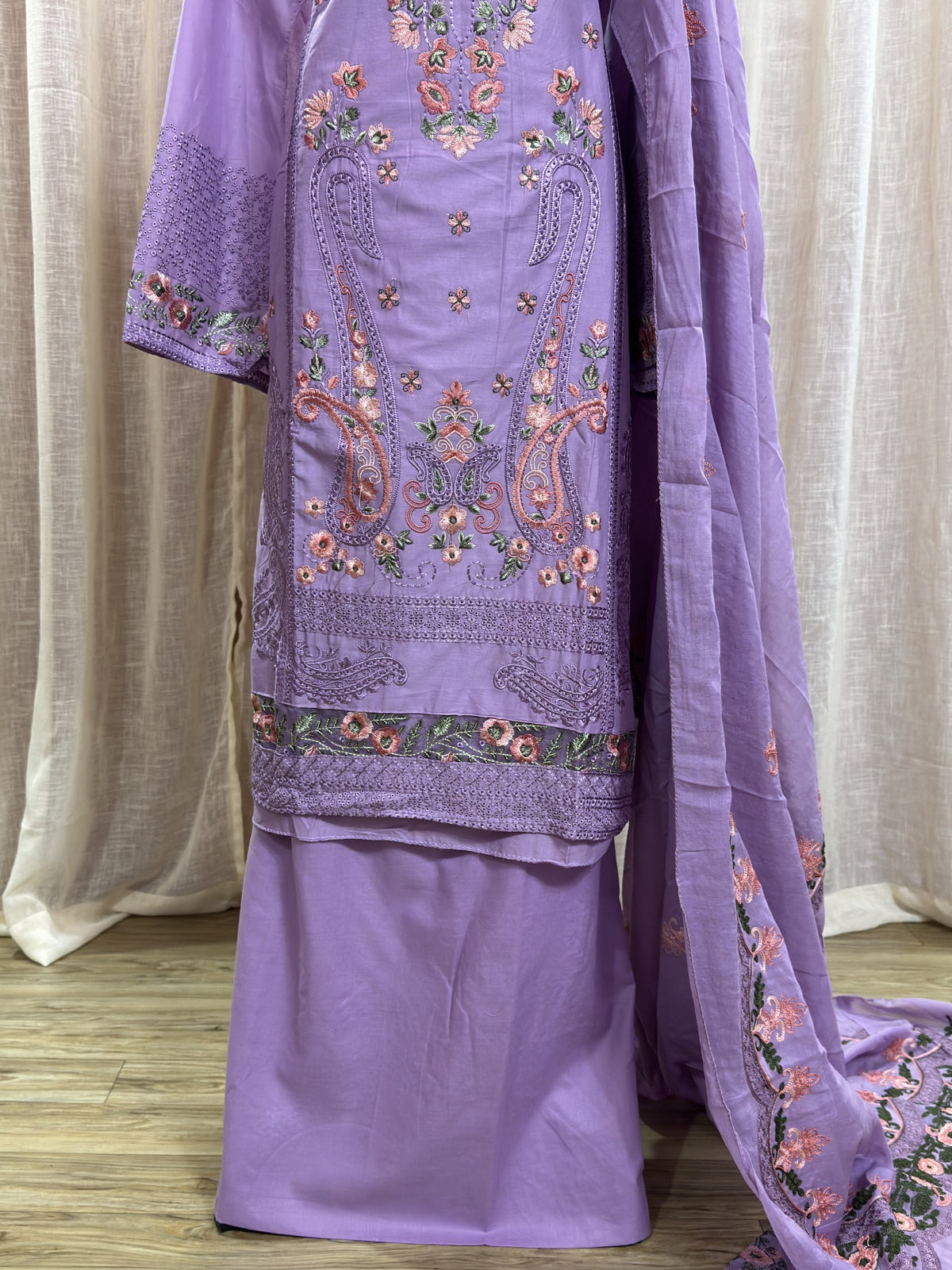 Inspired Elaf Dusty Lavender Semi-stitched Embroidered Cotton Suit