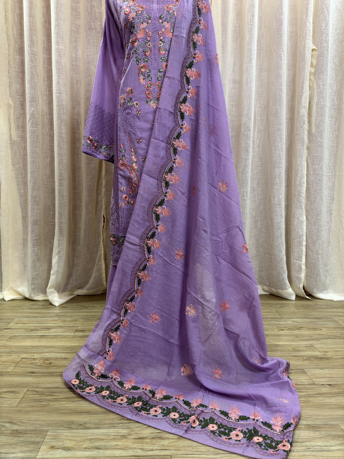 Inspired Elaf Dusty Lavender Semi-stitched Embroidered Cotton Suit