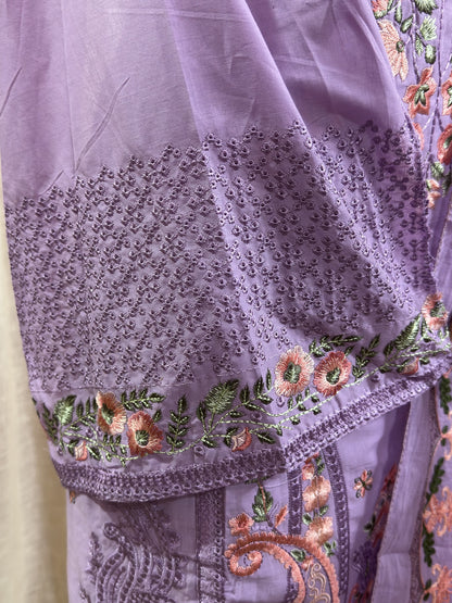 Inspired Elaf Dusty Lavender Semi-stitched Embroidered Cotton Suit