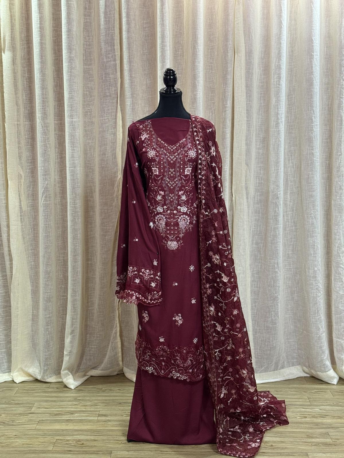 Inspired Kahf Wine Red Semi-stitched Embroidered Cotton Suit