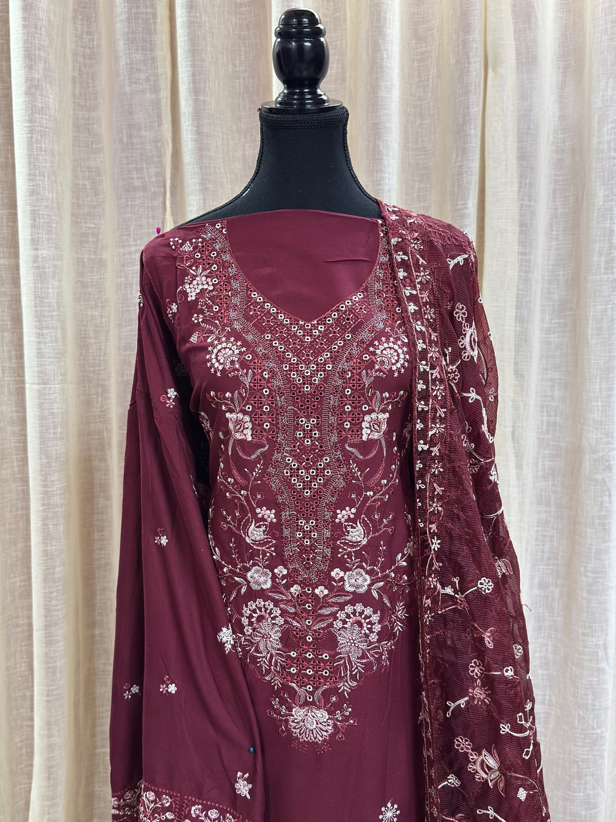 Inspired Kahf Wine Red Semi-stitched Embroidered Cotton Suit