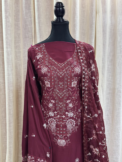 Inspired Kahf Wine Red Semi-stitched Embroidered Cotton Suit