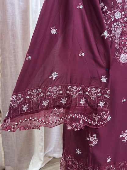 Inspired Kahf Wine Red Semi-stitched Embroidered Cotton Suit
