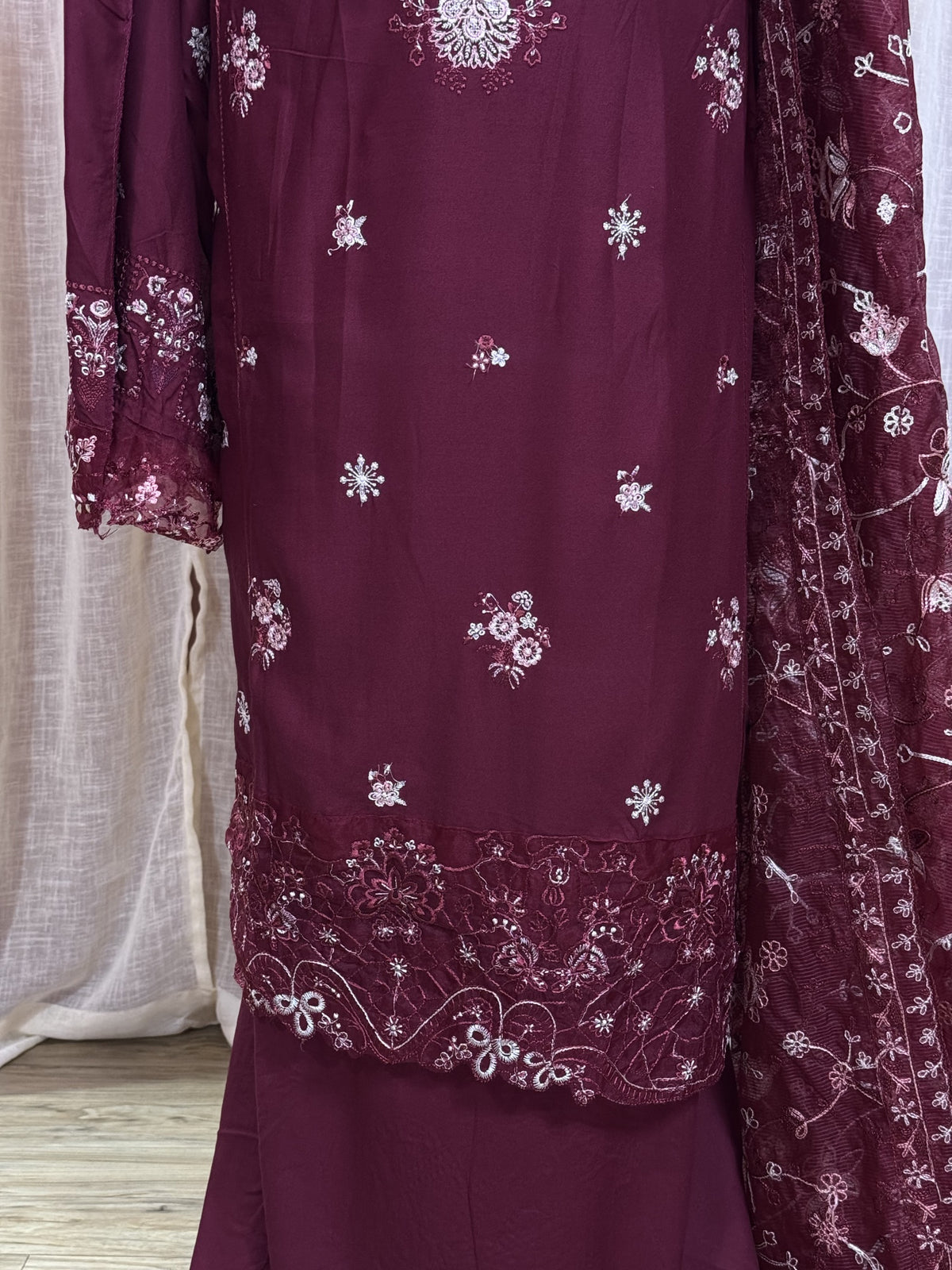 Inspired Kahf Wine Red Semi-stitched Embroidered Cotton Suit