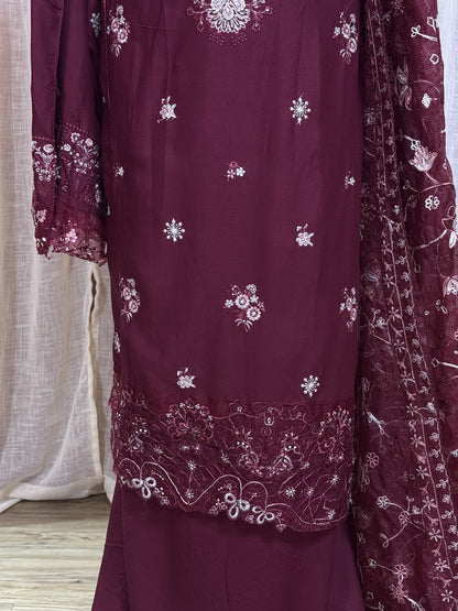 Inspired Kahf Wine Red Semi-stitched Embroidered Cotton Suit