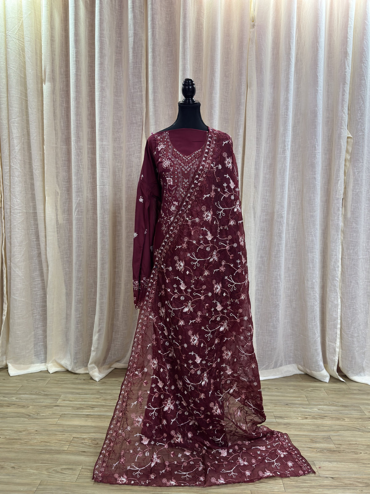 Inspired Kahf Wine Red Semi-stitched Embroidered Cotton Suit