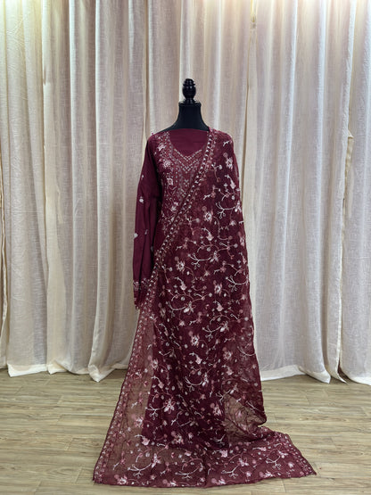 Inspired Kahf Wine Red Semi-stitched Embroidered Cotton Suit