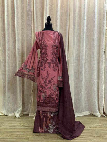 Inspired Maria B Dusty Rose Pink Semi-stitched Embroidered Semi-Lawn Suit