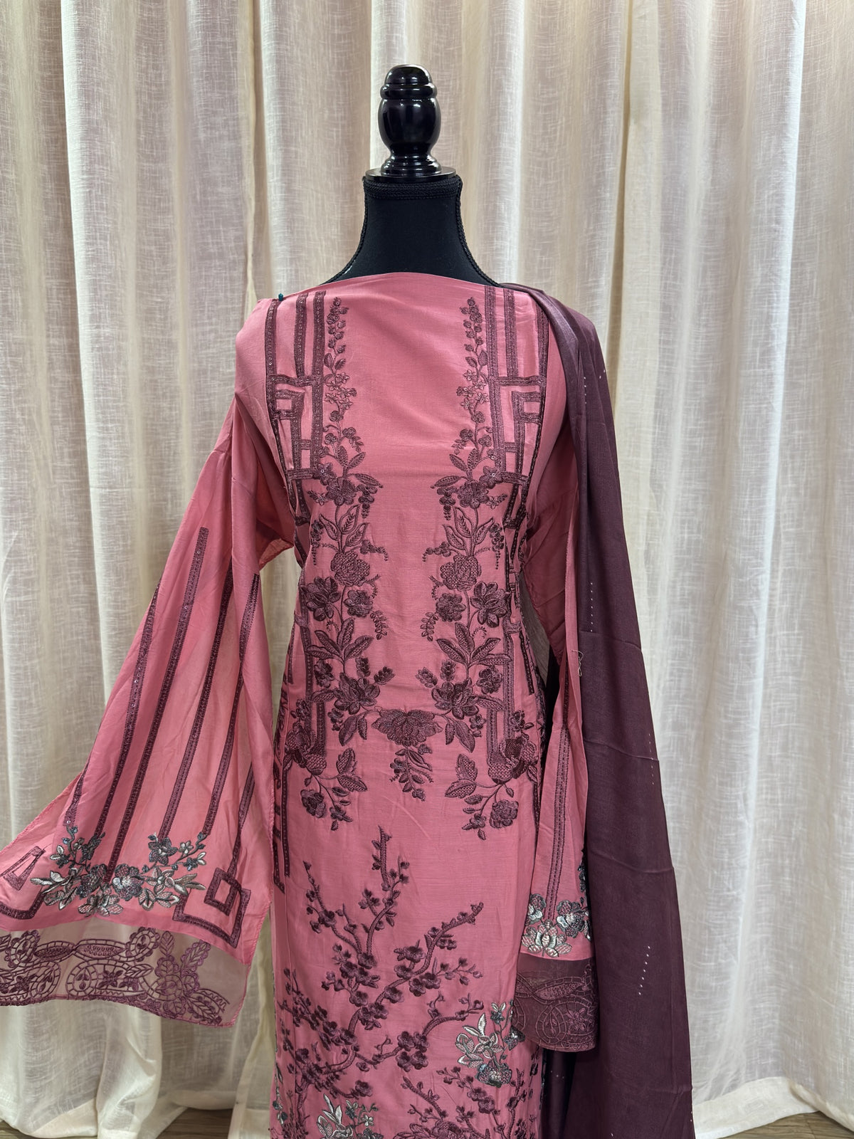 Inspired Maria B Dusty Rose Pink Semi-stitched Embroidered Semi-Lawn Suit