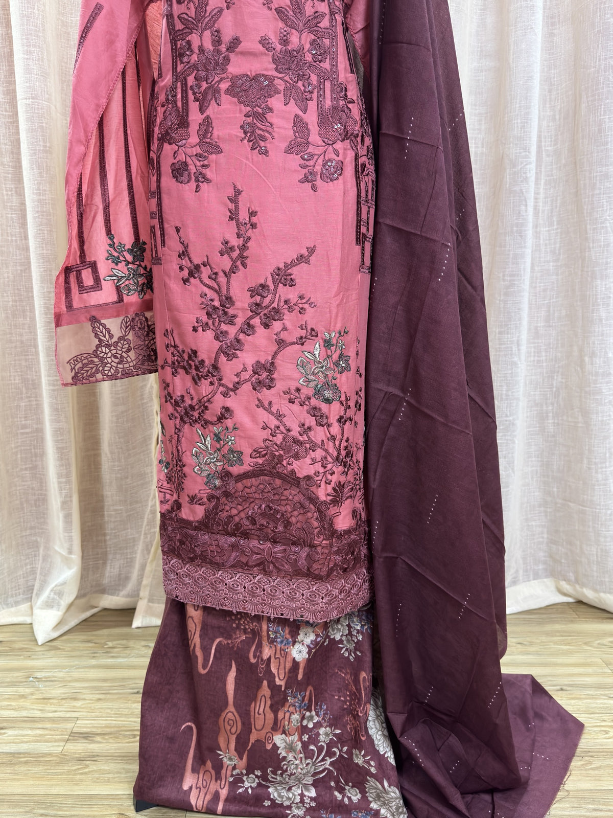 Inspired Maria B Dusty Rose Pink Semi-stitched Embroidered Semi-Lawn Suit