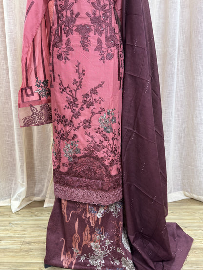 Inspired Maria B Dusty Rose Pink Semi-stitched Embroidered Semi-Lawn Suit