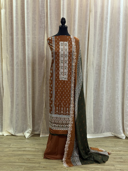 Inspired Alfaaz by Al Marina Rust Brown Chikankari Cotton Suit