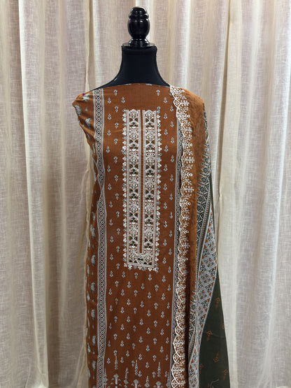 Inspired Alfaaz by Al Marina Rust Brown Chikankari Cotton Suit