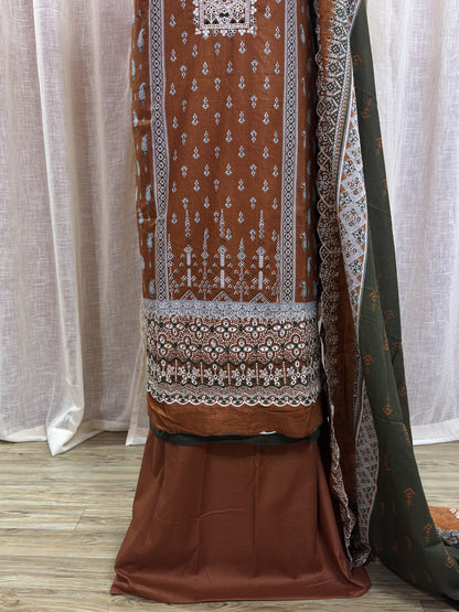 Inspired Alfaaz by Al Marina Rust Brown Chikankari Cotton Suit