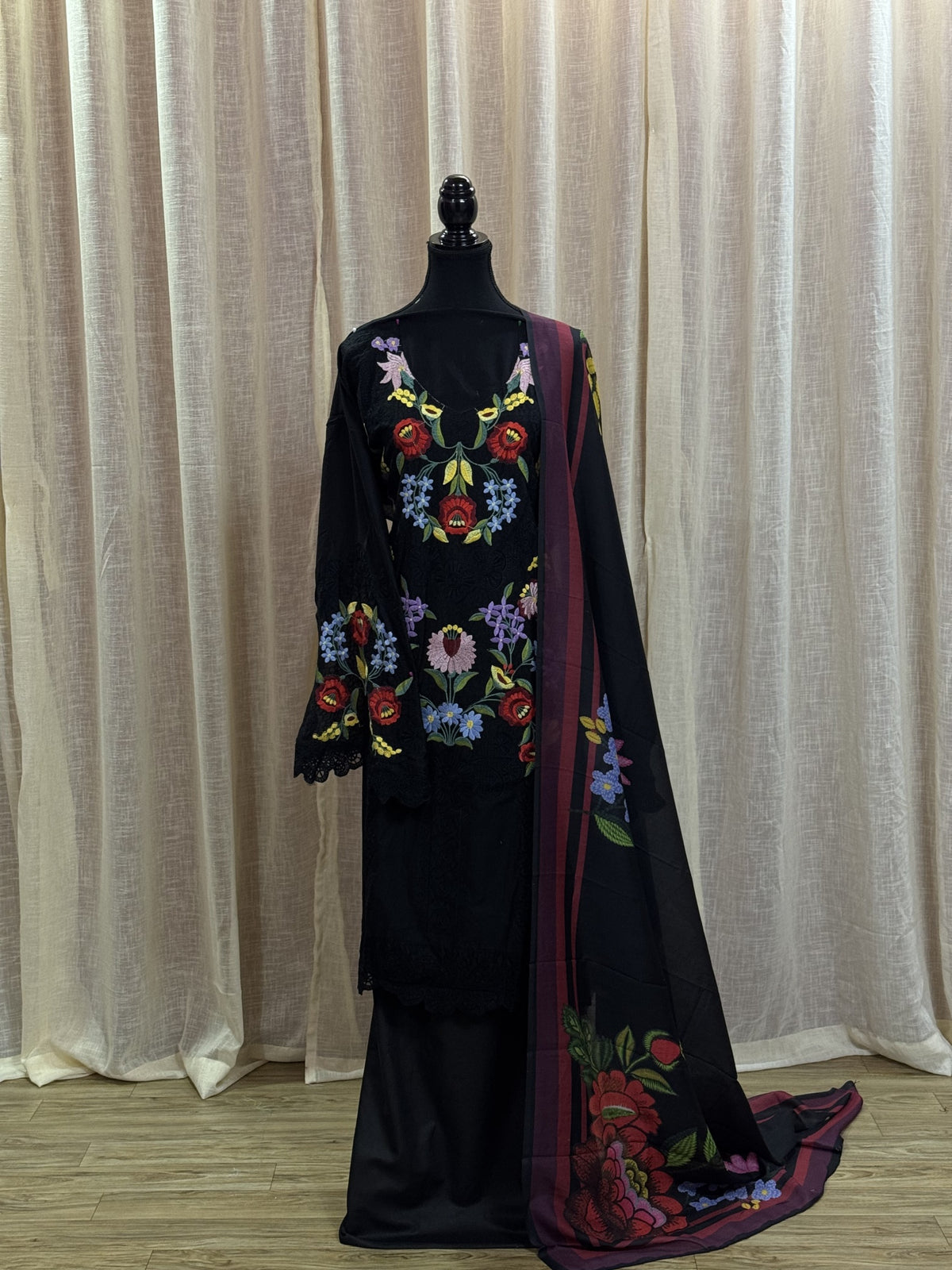 Inspired Maria B Royal Black Semi-stitched Embroidered Cotton Suit