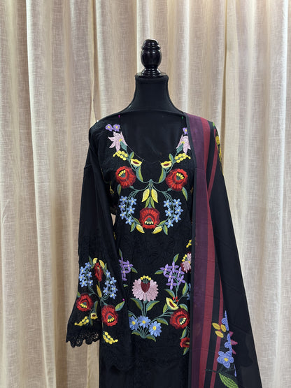 Inspired Maria B Royal Black Semi-stitched Embroidered Cotton Suit
