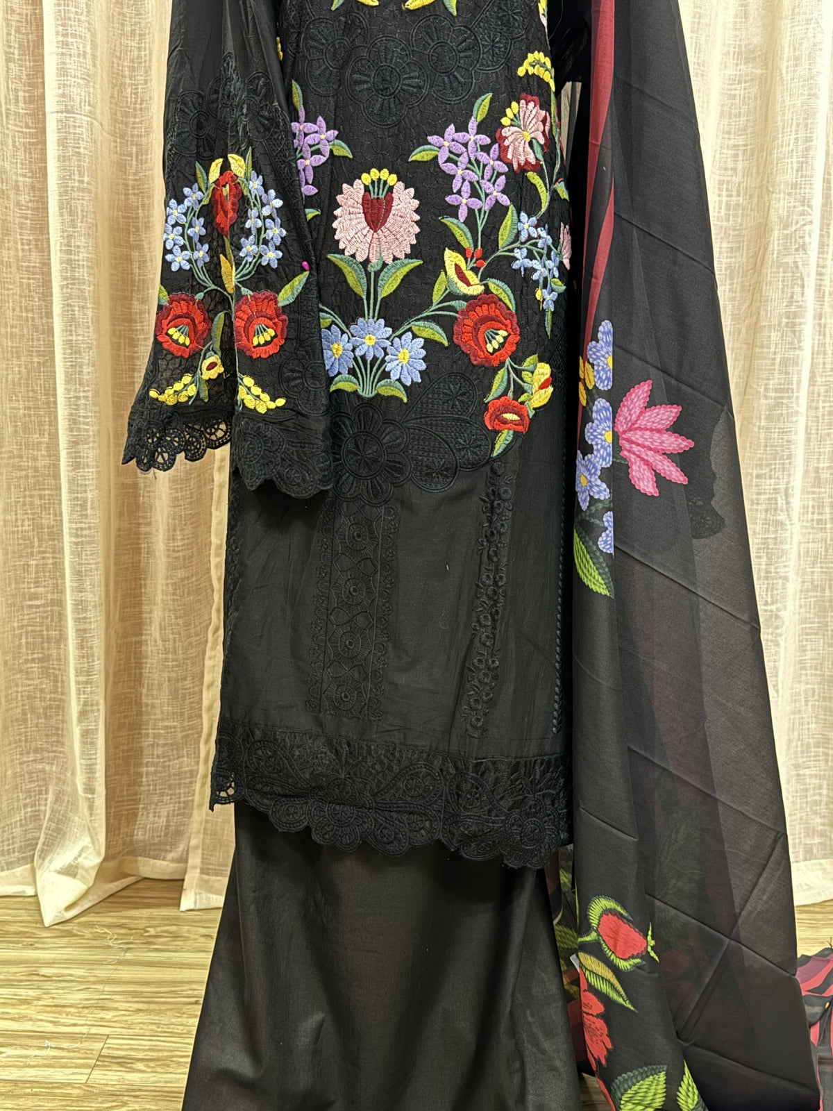 Inspired Maria B Royal Black Semi-stitched Embroidered Cotton Suit