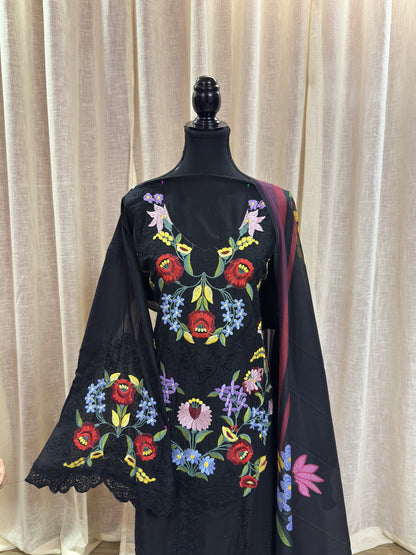 Inspired Maria B Royal Black Semi-stitched Embroidered Cotton Suit