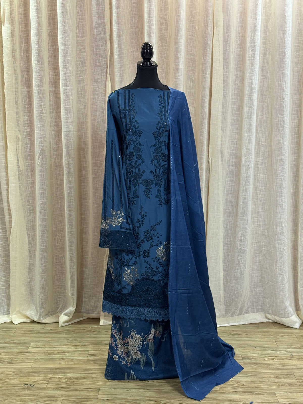 Inspired Maria B Deep denim Blue Semi-stitched Embroidered Semi-Lawn Suit
