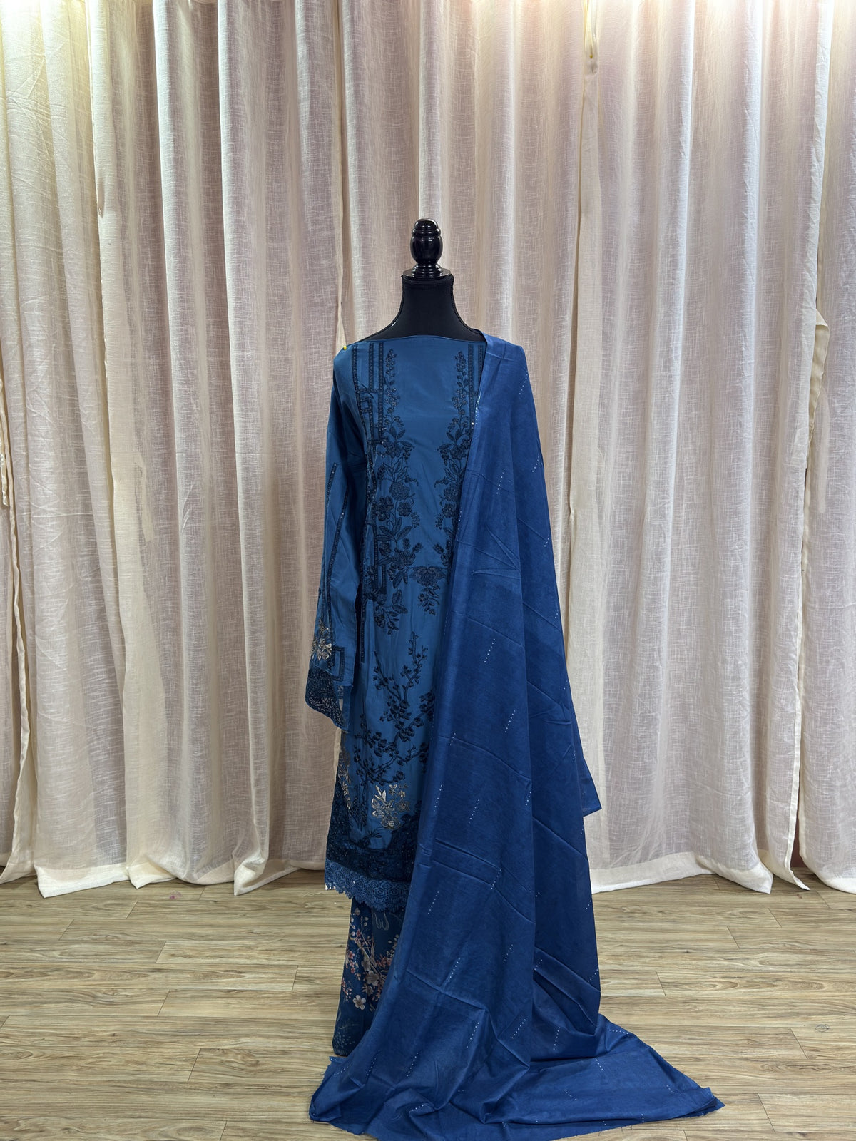 Inspired Maria B Deep denim Blue Semi-stitched Embroidered Semi-Lawn Suit