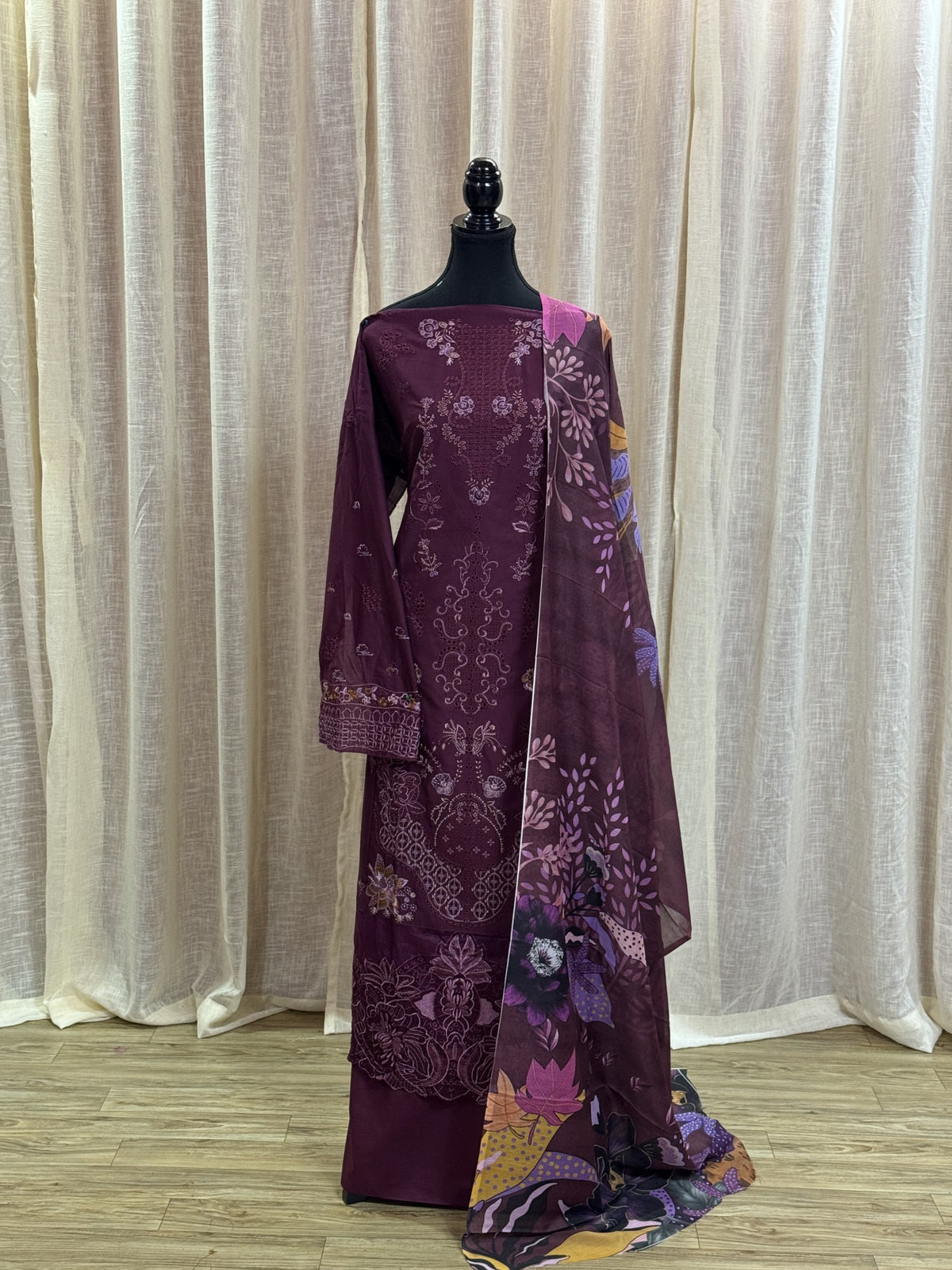 Inspired Ramsha Deep Plum Purple Semi-stitched Embroidered Cotton Suit