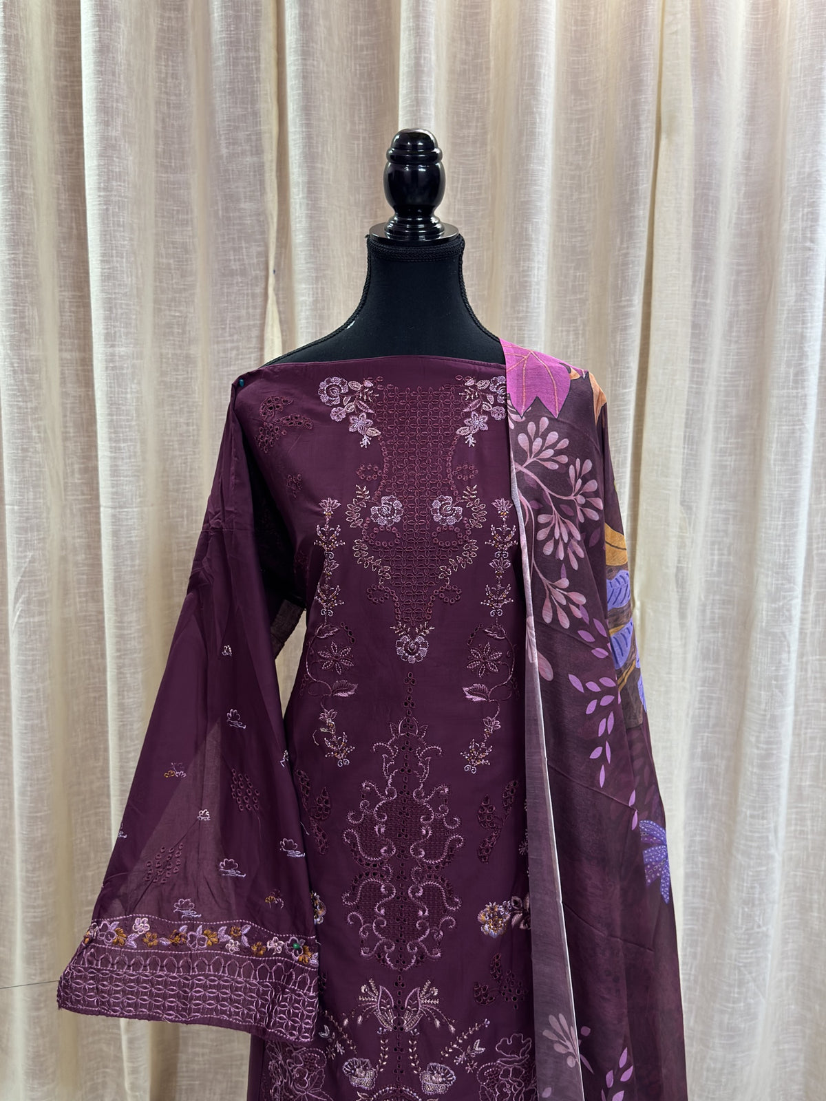Inspired Ramsha Deep Plum Purple Semi-stitched Embroidered Cotton Suit